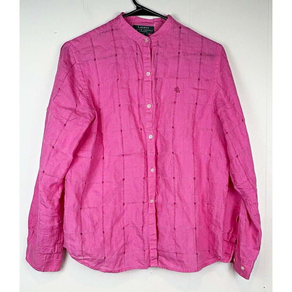 Lauren Ralph Lauren Blouse Pink 100% Linen Button-Up Coastal Classic Petite LG